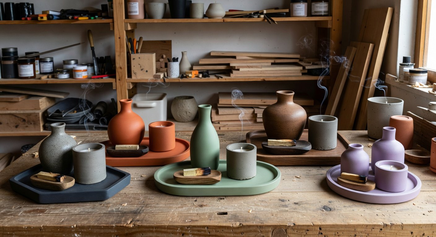 Lucentius concrete decor bundles – collection of hand-poured vases, smudging holders, small statues, trays, and candle holders as gift sets