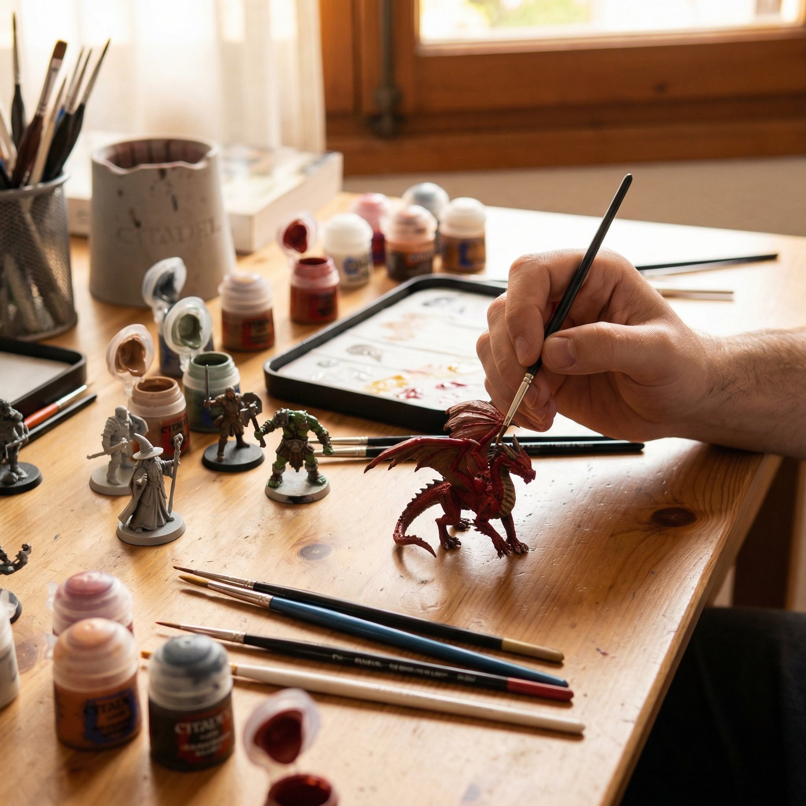 Lucentius 3D printed miniatures ready to paint – resin figures in premium grey primer, plus paintbrush and paints showing the painting process