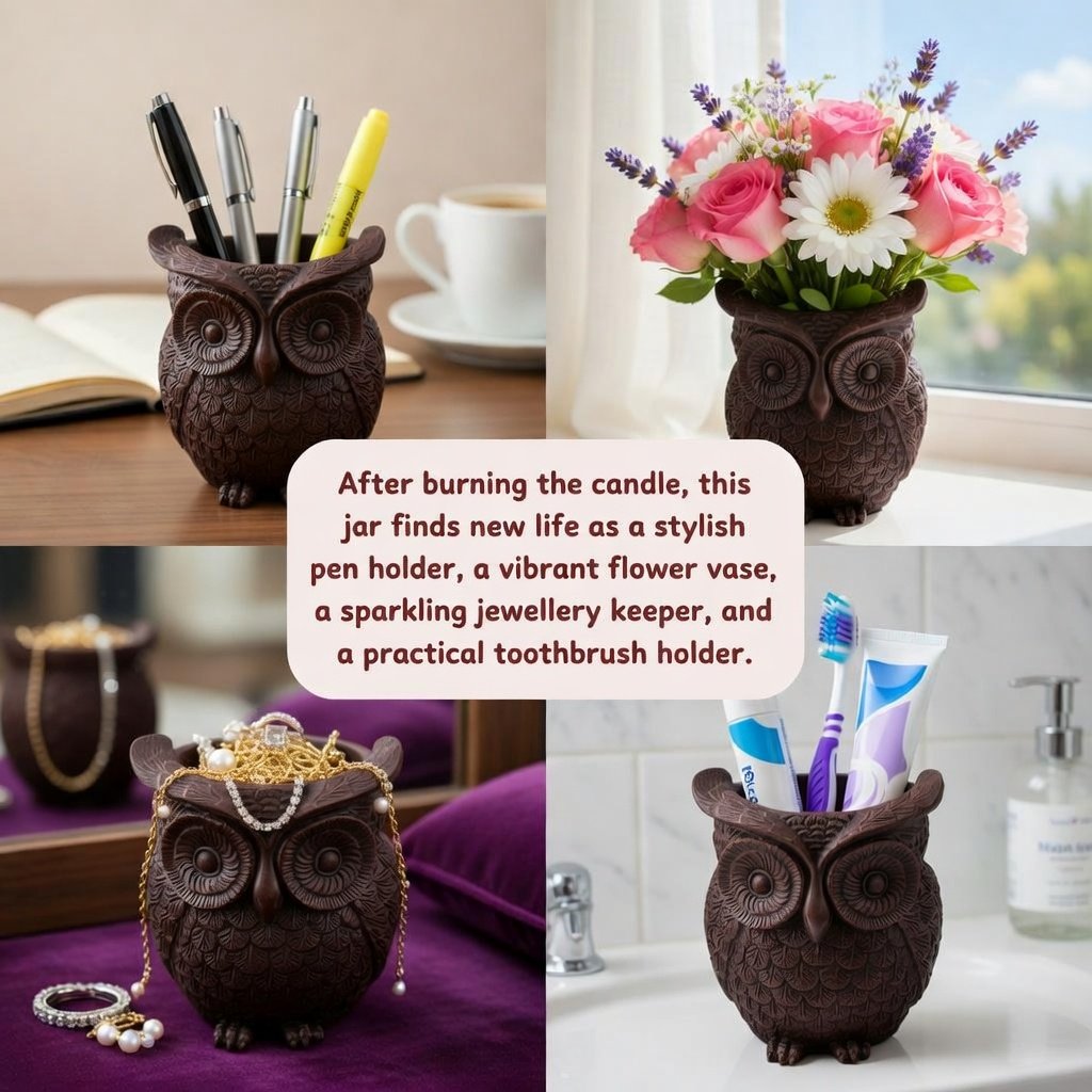 Owl Candle – Brown Concrete Jar with Lavender & Wood Wick - Image 3