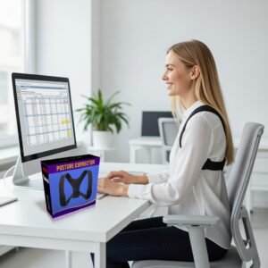 Blonde lady smiling wearing Fibofit Posture Corrector at desk with hand on keyboard, looking at screen, left profile, office setting