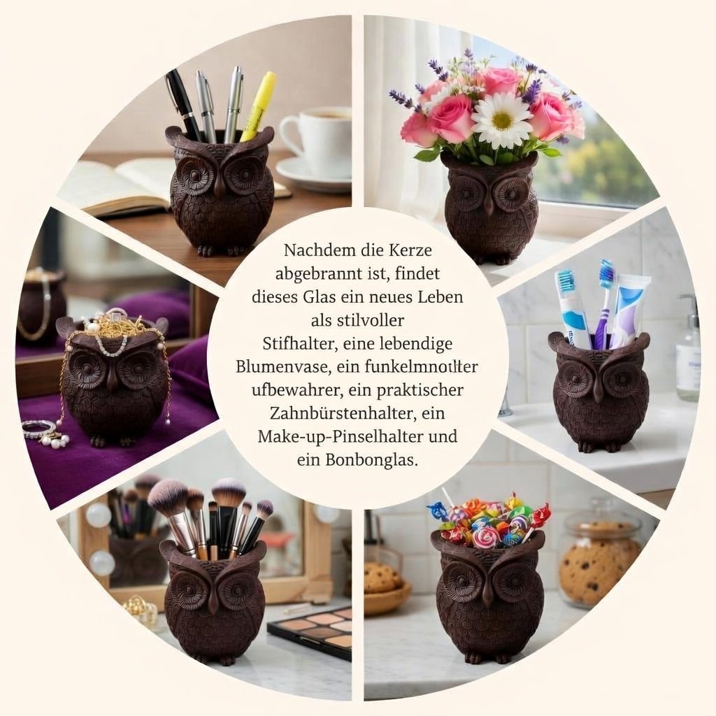 Lucentius Deutschland Eulenkerze auf sechs Arten wiederverwendet: Sukkulententopf, Stiftehalter, Schmuckhalter mit Ringen, Zahnbürstenhalter mit Bambuszahnbürste, Pinselhalter und Bonbonglas, nachhaltiges Wiederverwendungskonzept