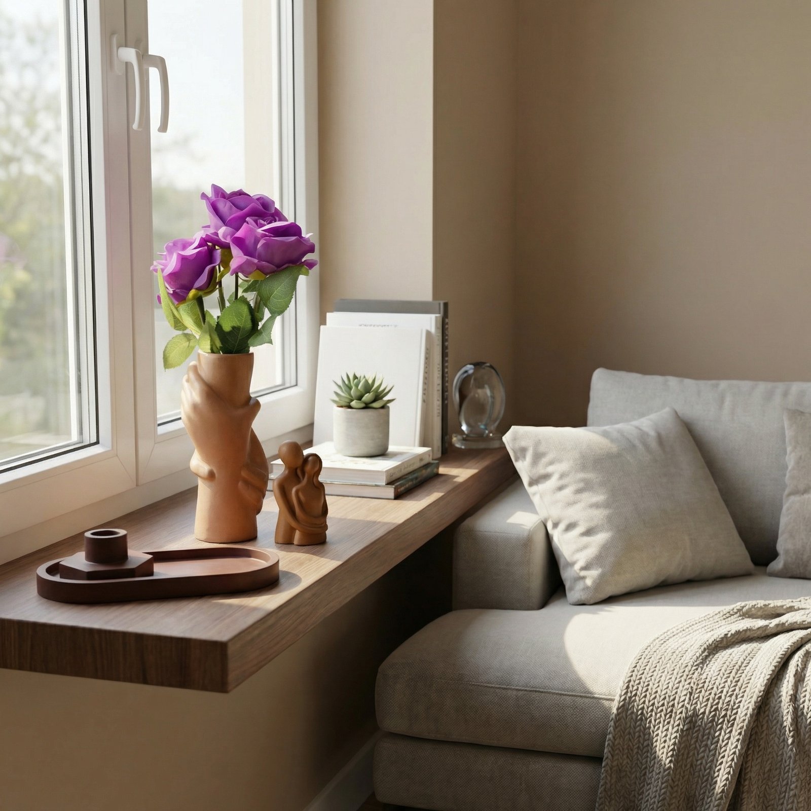 Lucentius Embrace Bundle on window sill: oval tray with pillar candle holder, holding hands vase with purple roses, small hugging statue beside, warm natural light