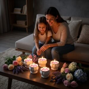 Mother and daughter sitting on couch enjoying candle light from Lucentius flower shape concrete white jar candle on table with flowers, warm family moment