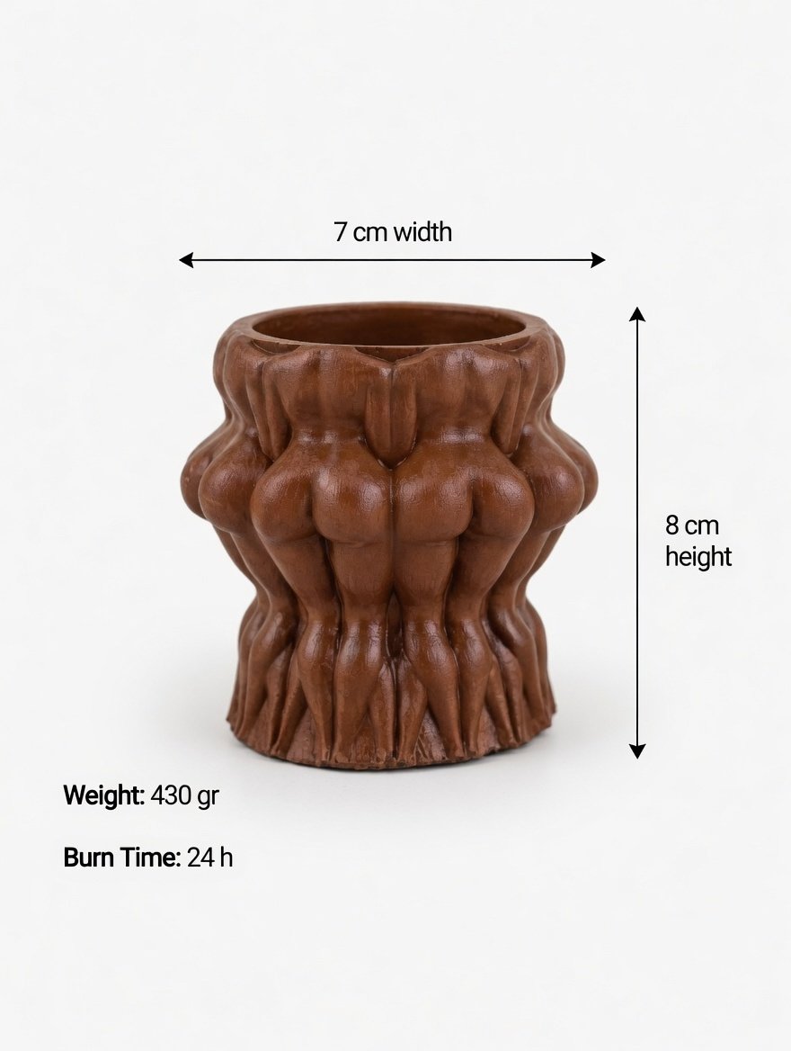 Naked women circle dark brown jar candle from Lucentius on white background showing dimensions 8 cm height x 7 cm width, 430 g weight, 24+ hours burn time
