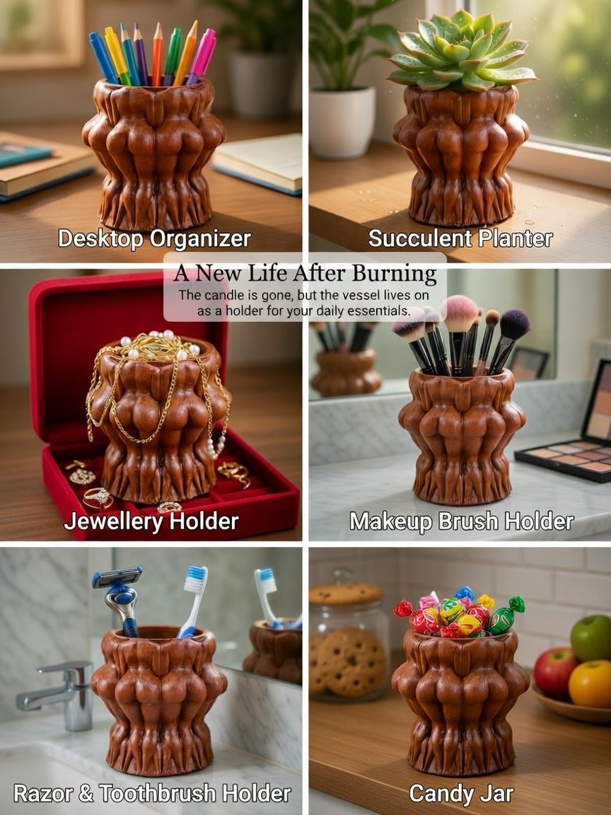 Naked women circle dark brown jar from Lucentius repurposed in six ways: succulent planter, pen holder, jewellery holder with rings, toothbrush holder with bamboo toothbrush, makeup brush holder, and candy jar, sustainable reuse concept