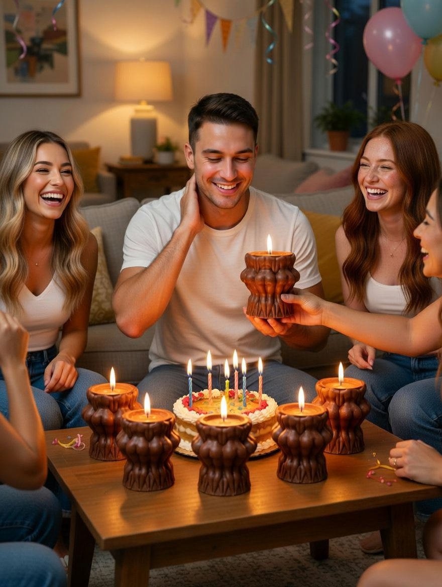 Shy man sitting at table with three beautiful ladies laughing and smiling as he receives Lucentius naked women circle dark brown jar candle as birthday gift, fun party atmosphere