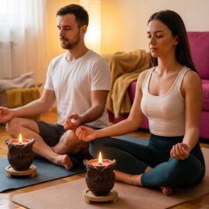 Couple sitting in yoga position on meditation mats, both gazing at lit Lucentius owl candle with crackling wood wick, warm glow, lavender scent, peaceful meditation atmosphere