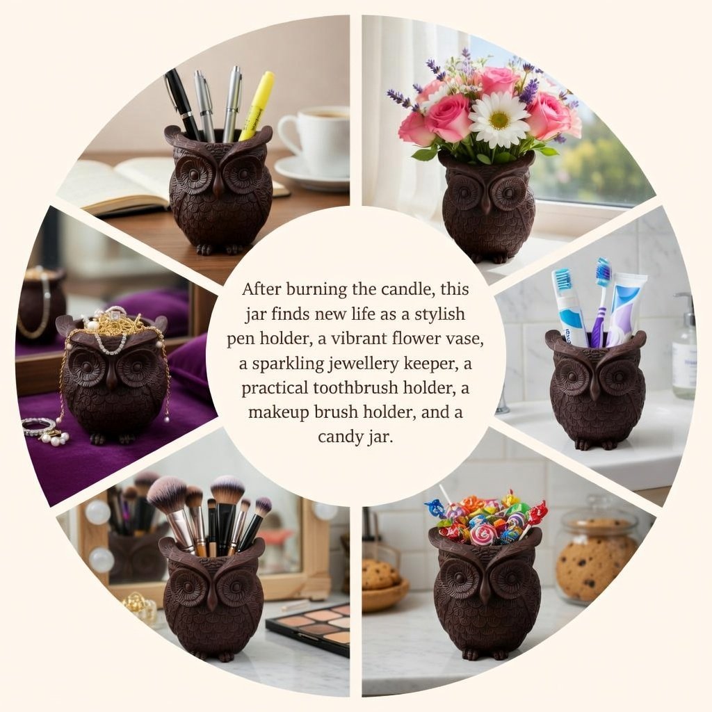 Lucentius brown concrete owl candle jar repurposed in six ways: succulent planter, pen holder, desk organiser, jewellery holder with rings, toothbrush holder with bamboo toothbrush, makeup brush holder, and candy jar, sustainable reuse concept