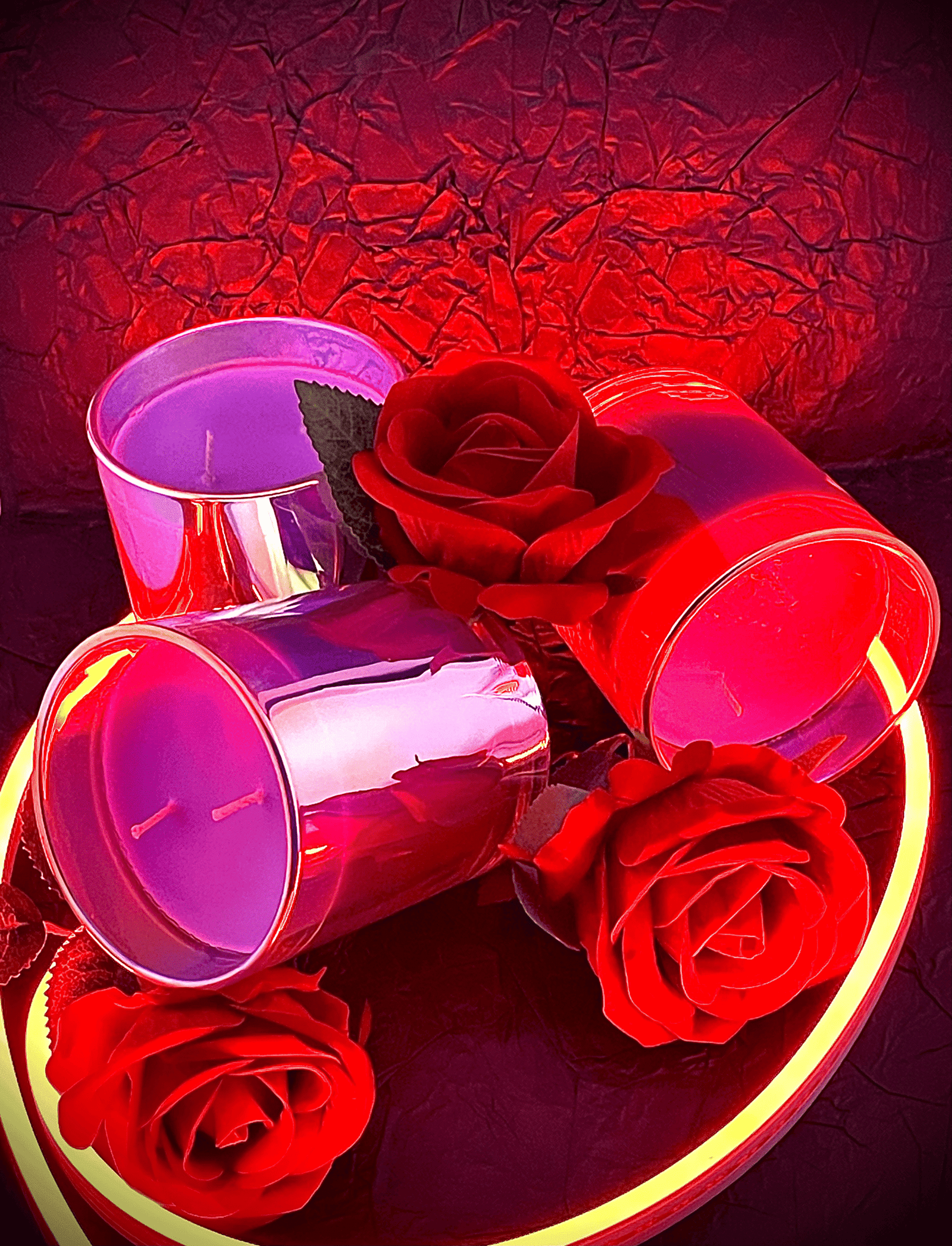 Three Lucentius rainbow glass candles with three red roses on black background illuminated with red neon light, Valentine's Day romantic setting