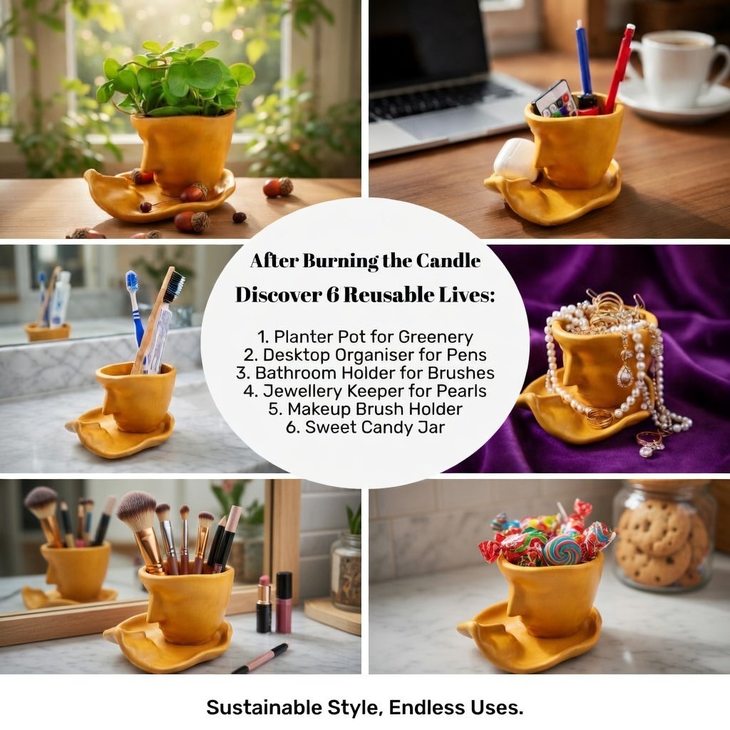 Lucentius Twin Flame candle jar repurposed in six ways: succulent planter, pen holder, desk organiser, jewellery holder with rings, toothbrush holder with bamboo toothbrush, makeup brush holder, and candy jar, sustainable reuse concept