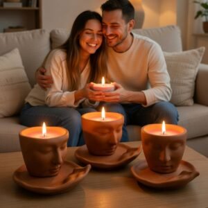 Twin Flame candle – side view of concrete jar with face relief