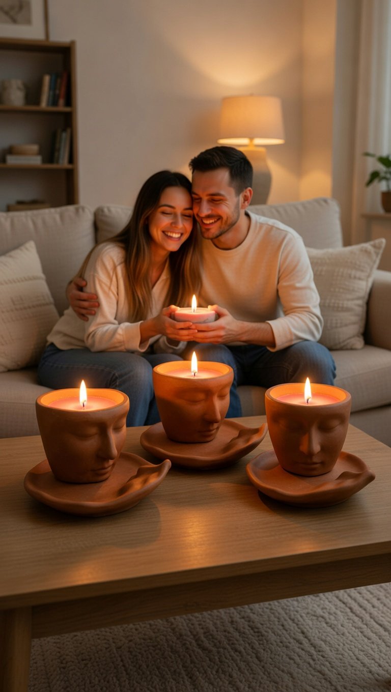 Twin Flame candle – side view of concrete jar with face relief